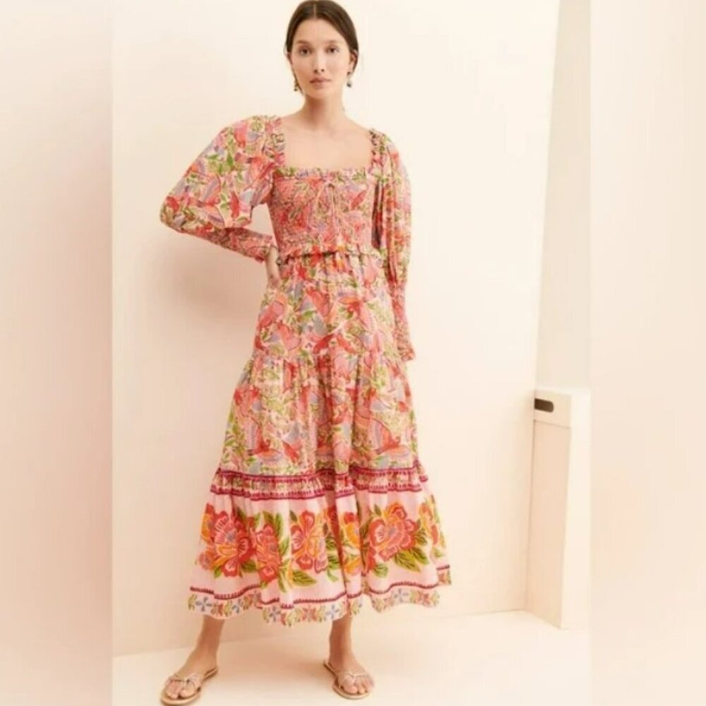 Farm‎ Rio Macaw Flight Tiered Printed Cotton Smocked Floral Midi Dress Size M